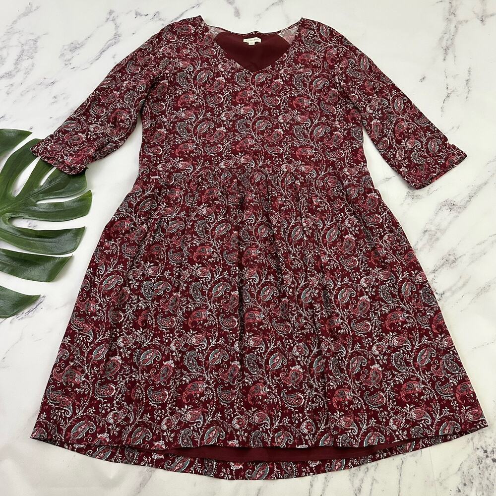 Garnet Hill Womens Paisley Floral Dress Size 10 Burgundy Red 3/4 Sleeve Pockets